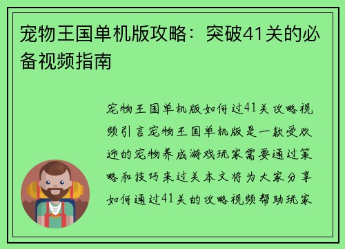 宠物王国单机版攻略：突破41关的必备视频指南